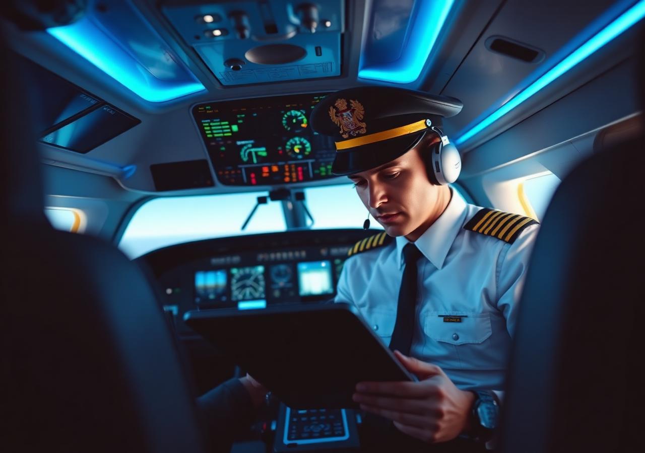 Piloto em cockpit revisando documentos